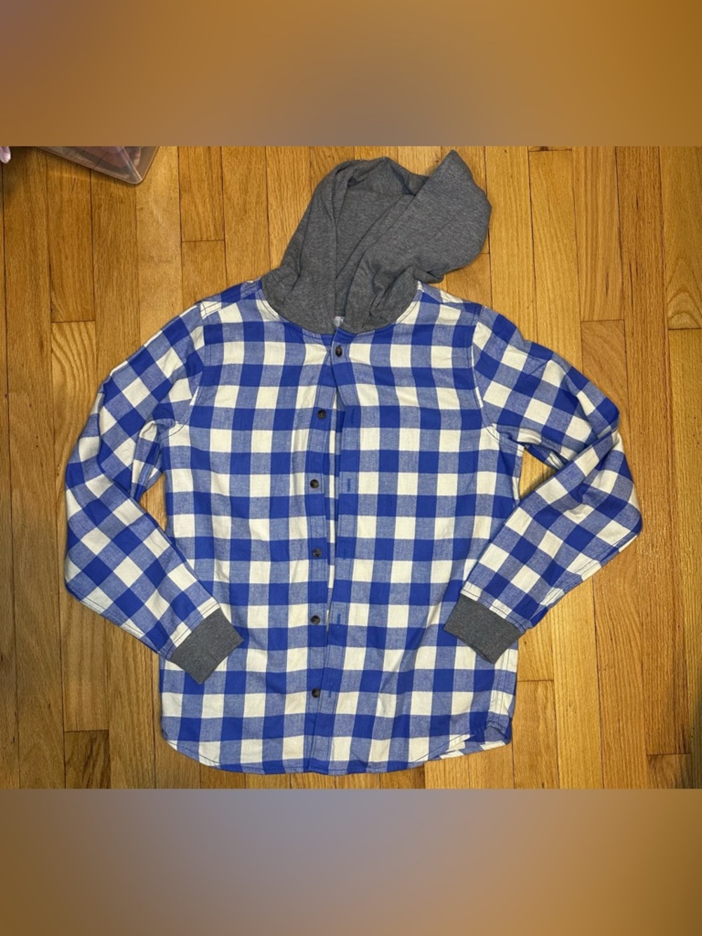 Hanna Andersson Blue & White Plaid Hooded Button-Down Shirt/Flannel Size: 12